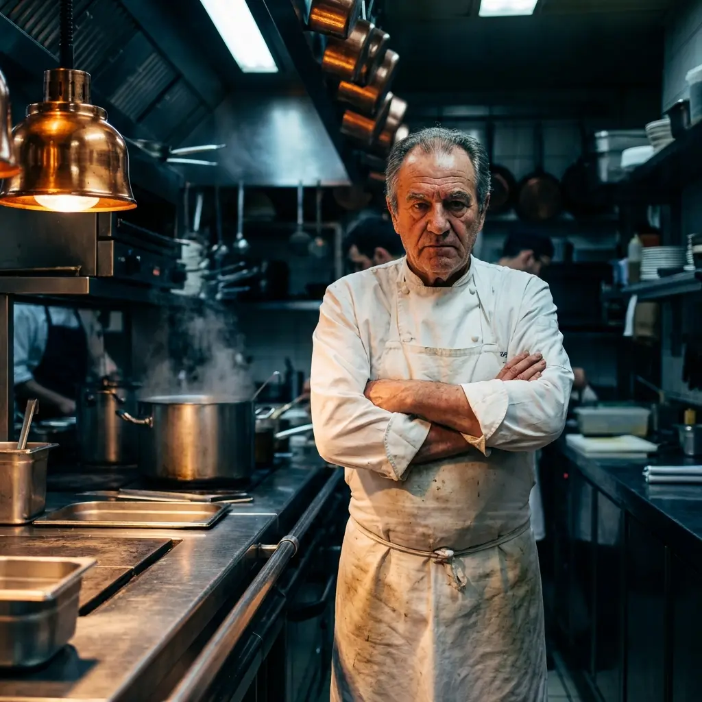 Un chef en tablier, bras croisés, au milieu de sa cuisine
