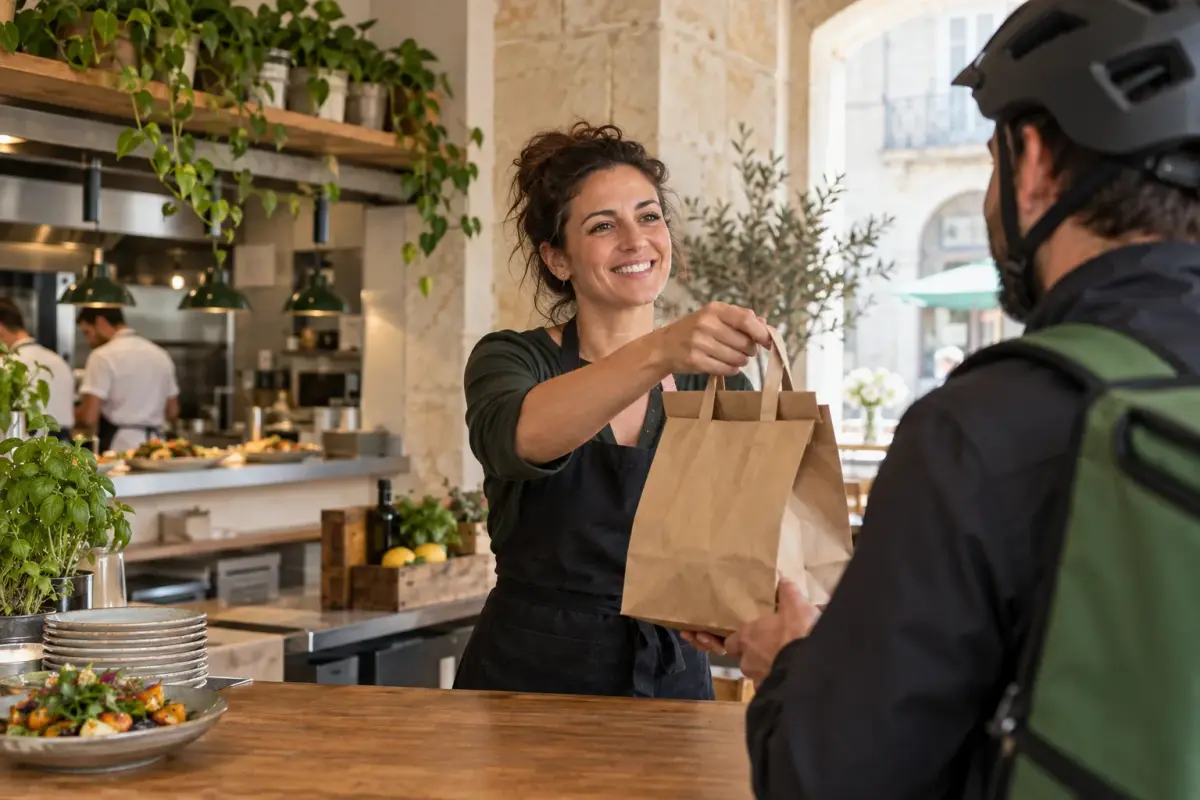 Une restauratrice tend un sac de commande à un livreur
